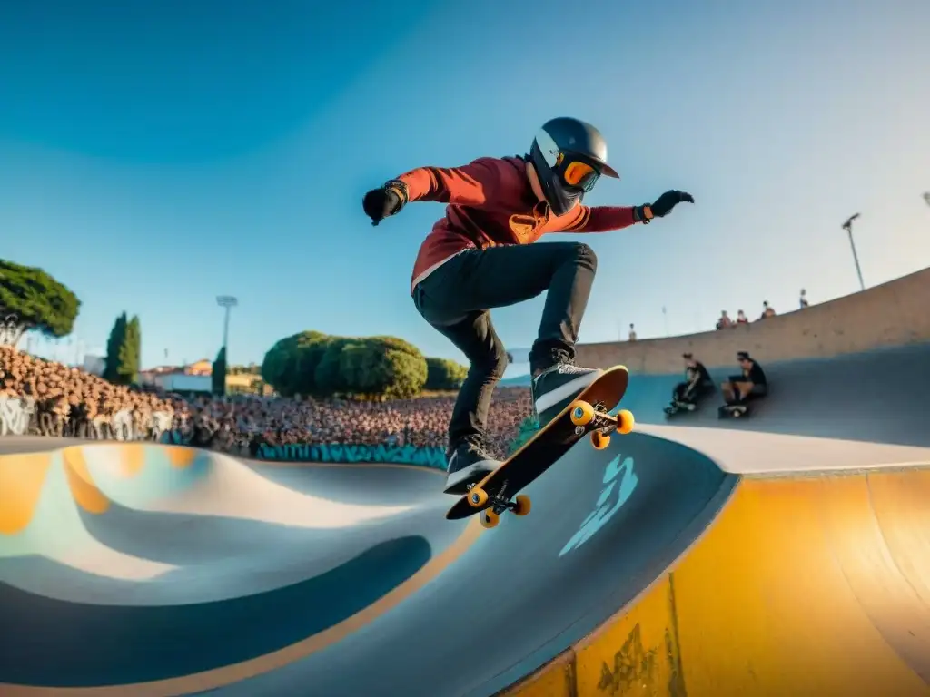 Jóvenes skateboarders y riders de BMX realizan impresionantes trucos en un bullicioso skate park en Uruguay