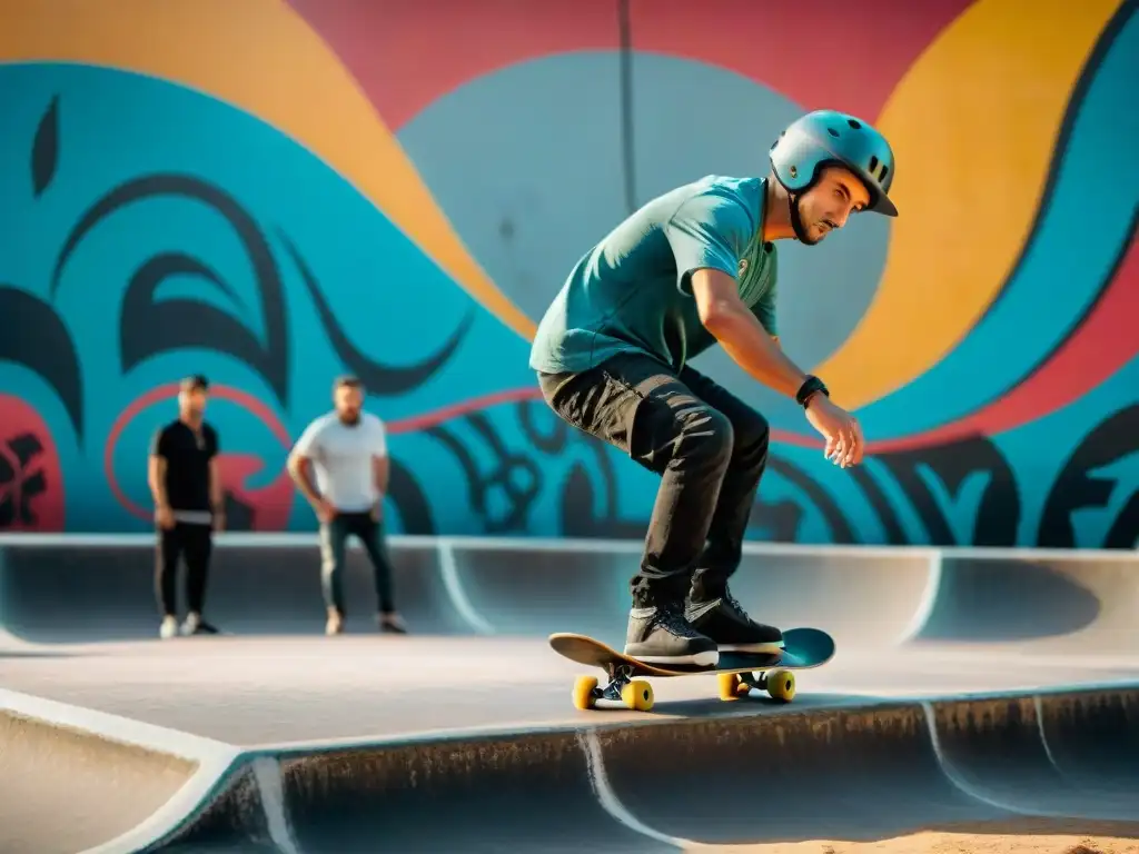 Jóvenes practicando skateboarding y BMX en vibrante parque de Uruguay