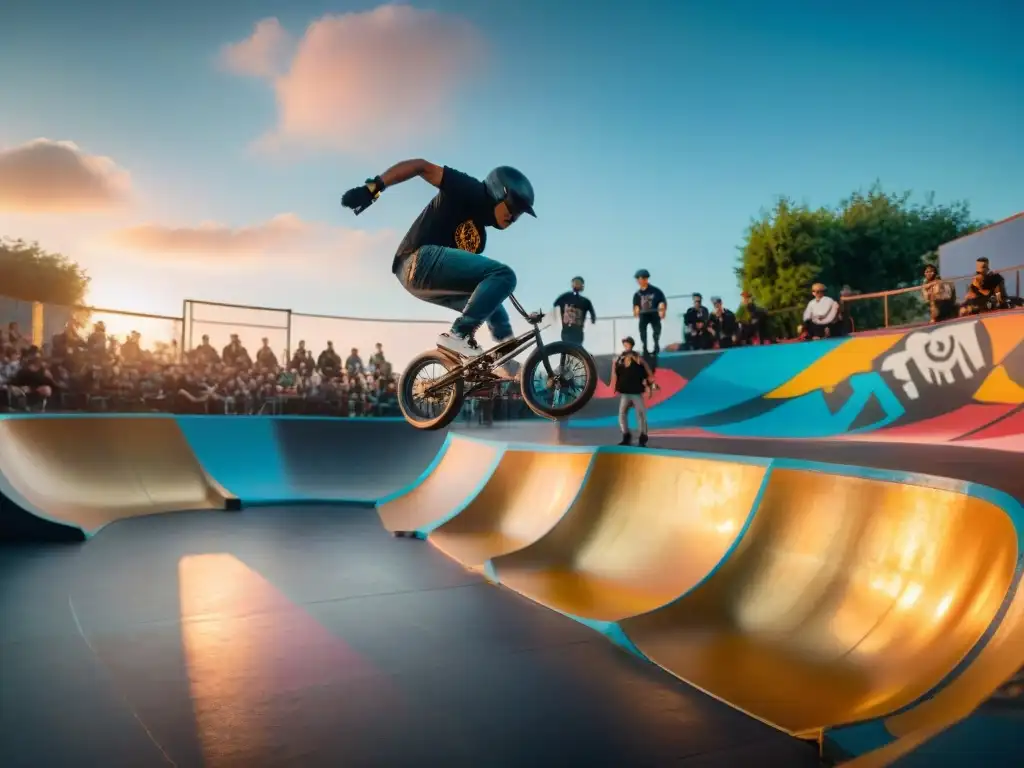 Jóvenes skaters y riders de BMX transforman Uruguay con sus acrobacias en un vibrante skatepark al atardecer