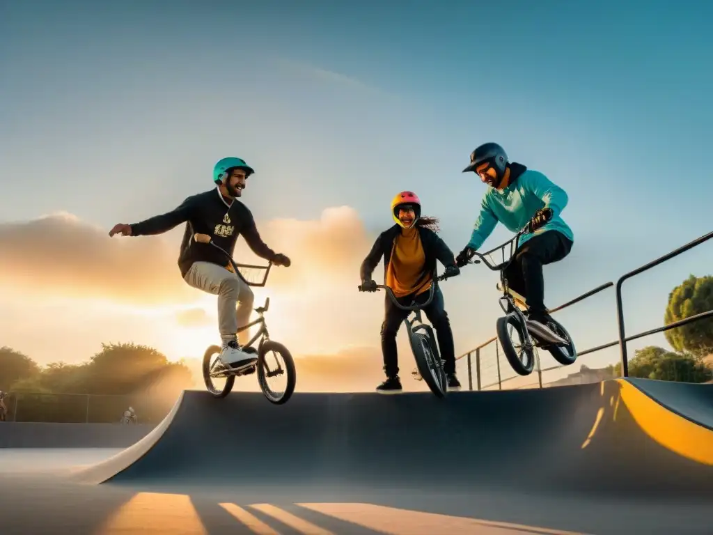 Jóvenes skaters y riders de BMX se divierten y celebran amistad en un atardecer en Uruguay