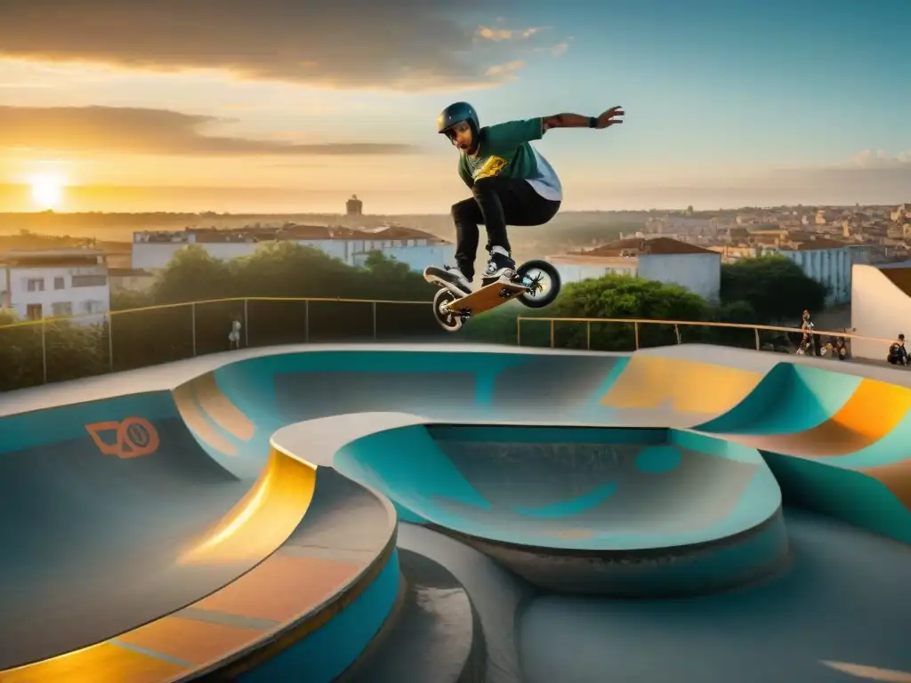 Jóvenes skaters y riders de BMX transforman Uruguay con su energía y estilo en un atardecer vibrante