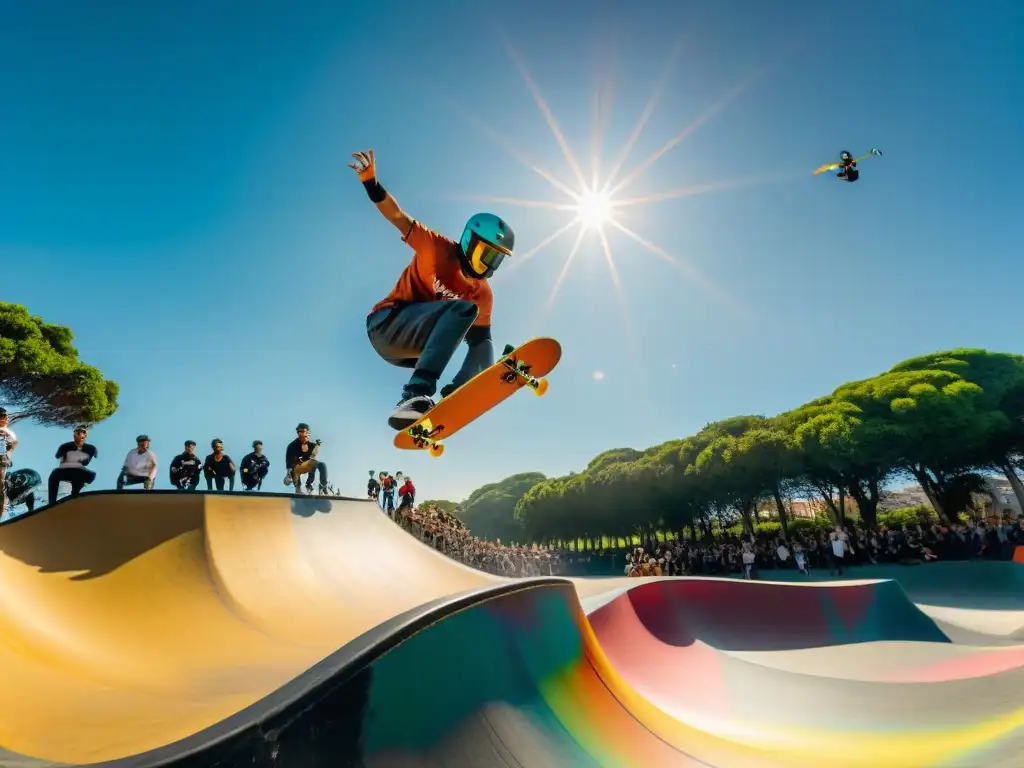 Jóvenes skaters y riders de BMX en Montevideo, Uruguay, mostrando sus habilidades en un parque lleno de energía