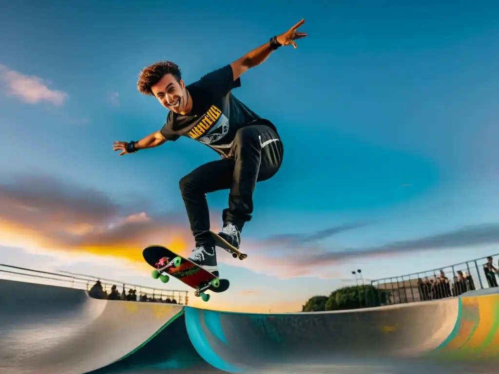 Jóvenes skaters y riders realizan trucos en un vibrante skatepark en Montevideo, Uruguay