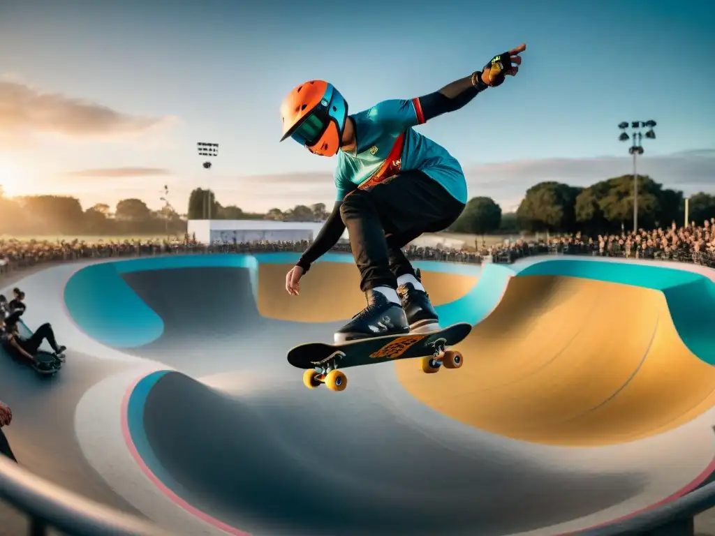 Jóvenes skaters y riders realizan trucos en un parque de skate en Uruguay al atardecer, mientras espectadores observan