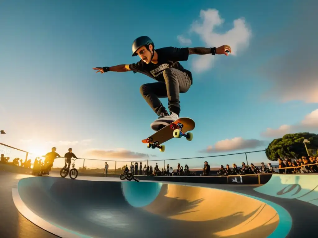 Jóvenes skaters y riders practicando trucos en un vibrante skatepark al atardecer en Montevideo, Uruguay