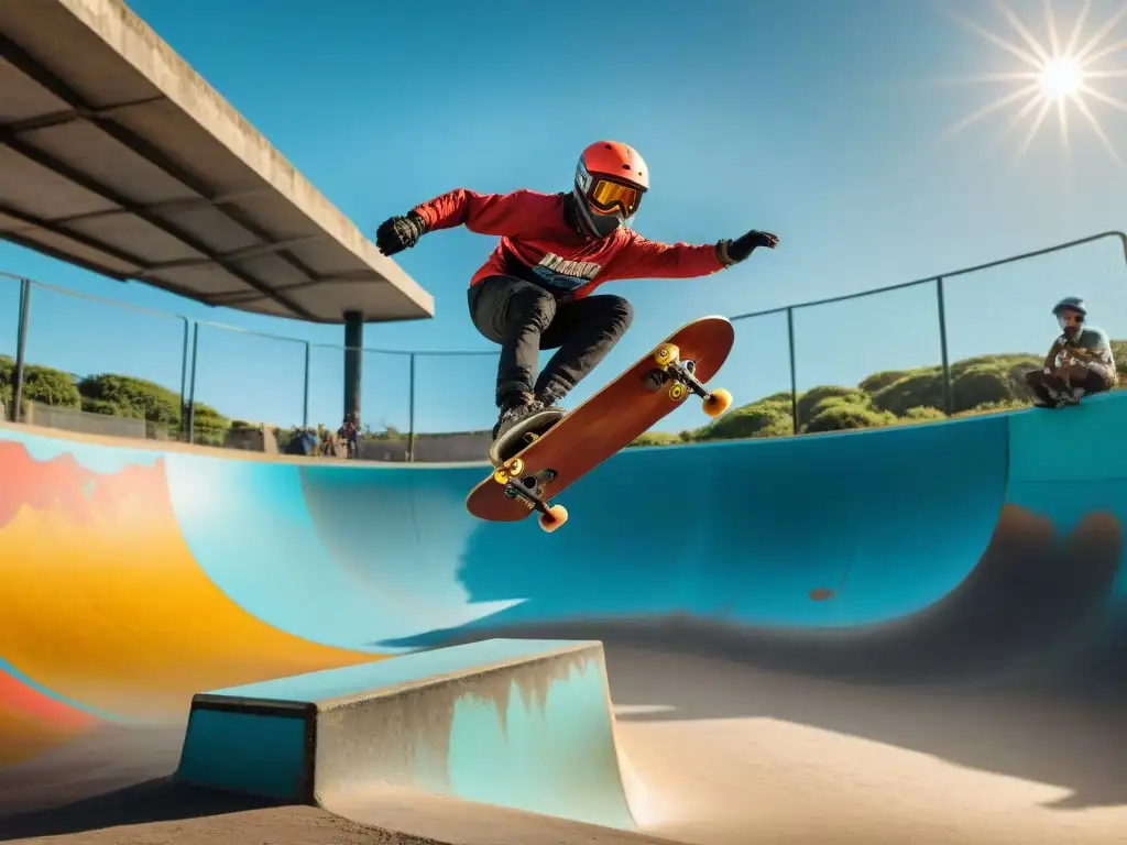 Jóvenes skaters y riders en un vibrante skate park en Uruguay, ejecutando trucos de skate y BMX rodeados de graffiti y espectadores emocionados