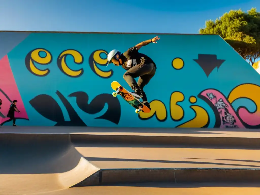 Jóvenes skaters y riders de BMX transforman Uruguay en vibrante skatepark urbano con grafitis coloridos y trucos impresionantes al atardecer