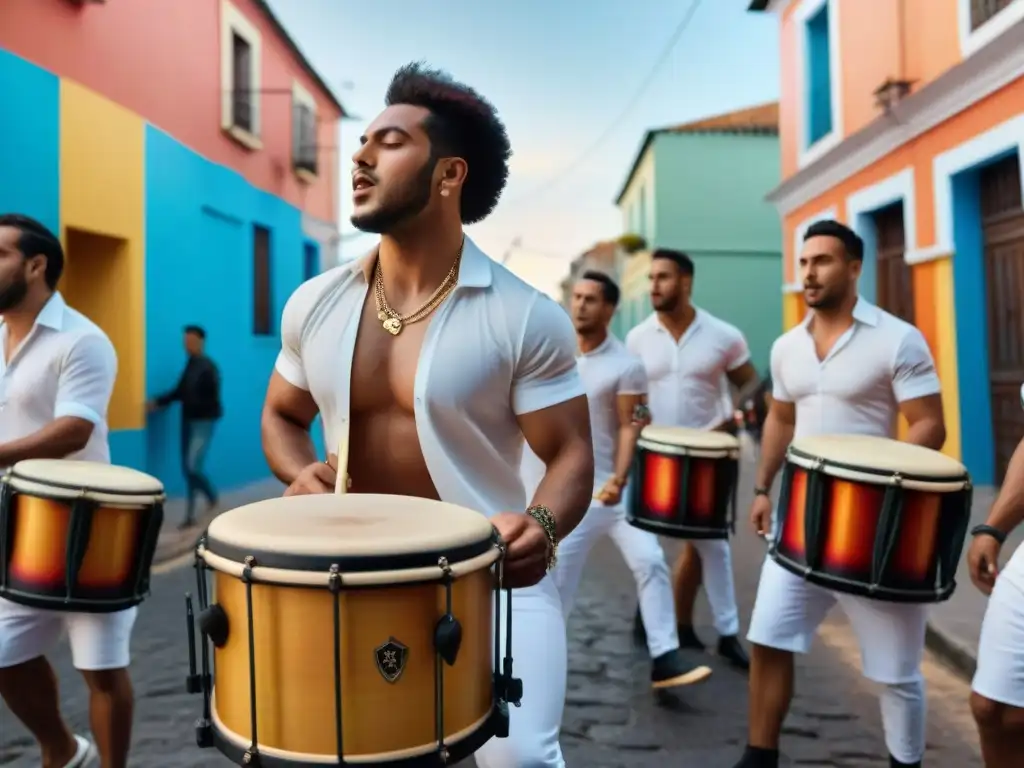 Jóvenes tamborileros tocando candombe en las calles vibrantes del Barrio Sur, Uruguay