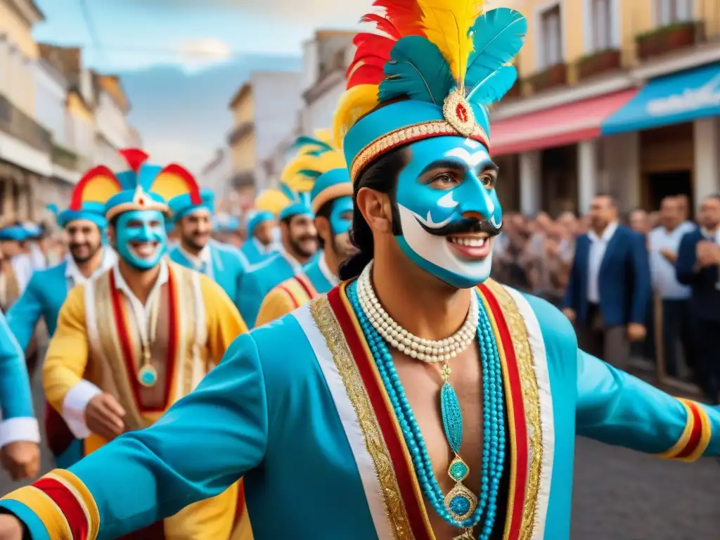 Jóvenes uruguayos en vibrante carnaval, tradición y futuro en trajes coloridos, desfilan entre espectadores emocionados