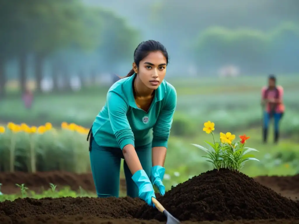 Jóvenes voluntarios ambientales en Uruguay plantando árboles y limpiando un parque, mostrando determinación y dedicación a la conservación