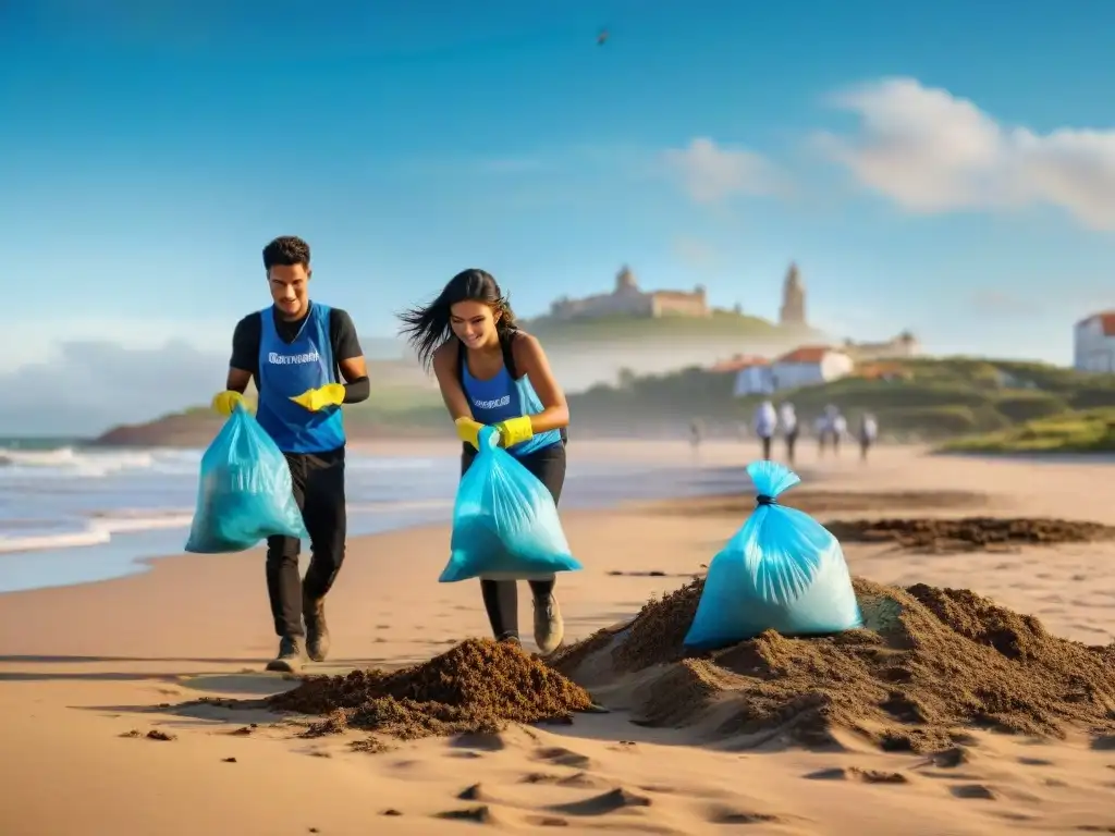 Jóvenes voluntarios ambientales en Uruguay limpiando la playa bajo el sol, unidos por un futuro sostenible