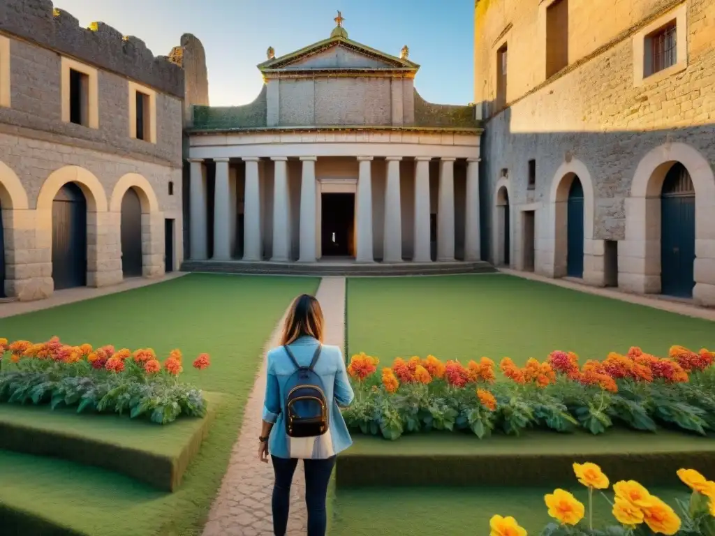 Exploración con realidad aumentada en Uruguay Descubre joyas ocultas en Uruguay con realidad aumentada: turistas asombrados exploran un sitio histórico al atardecer