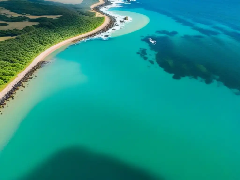 Descubre las joyas ocultas de Uruguay en esta vista aérea de la costa, con playas escondidas y aguas turquesas