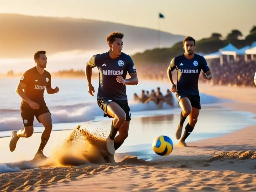 Juego intenso de fútbol playa al atardecer en Punta del Este, Uruguay