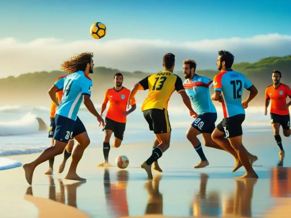 Jugadores de fútbol playa en Uruguay disfrutan del deporte junto al mar, transmitiendo energía y trabajo en equipo