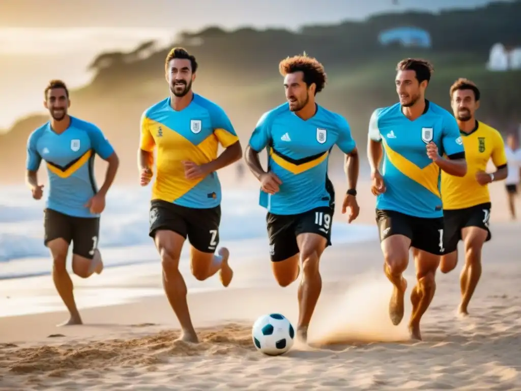 Jugadores de fútbol playa en Uruguay, corriendo descalzos en la arena dorada con pasión y determinación