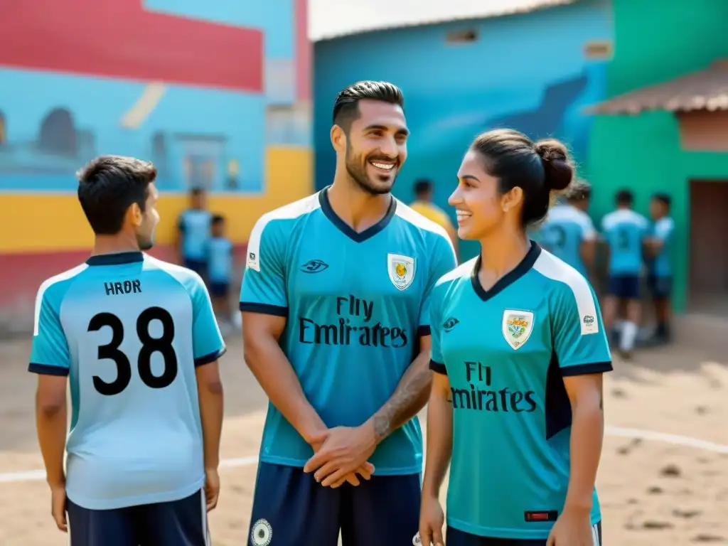 Jugadores de fútbol jóvenes de clubes uruguayos en iniciativas sociales, enseñando fútbol a niños de un barrio necesitado