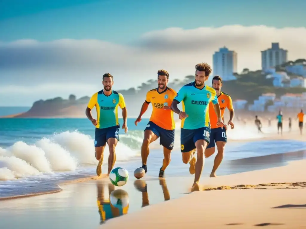 Jugadores de fútbol playa en acción en Punta del Este, Uruguay