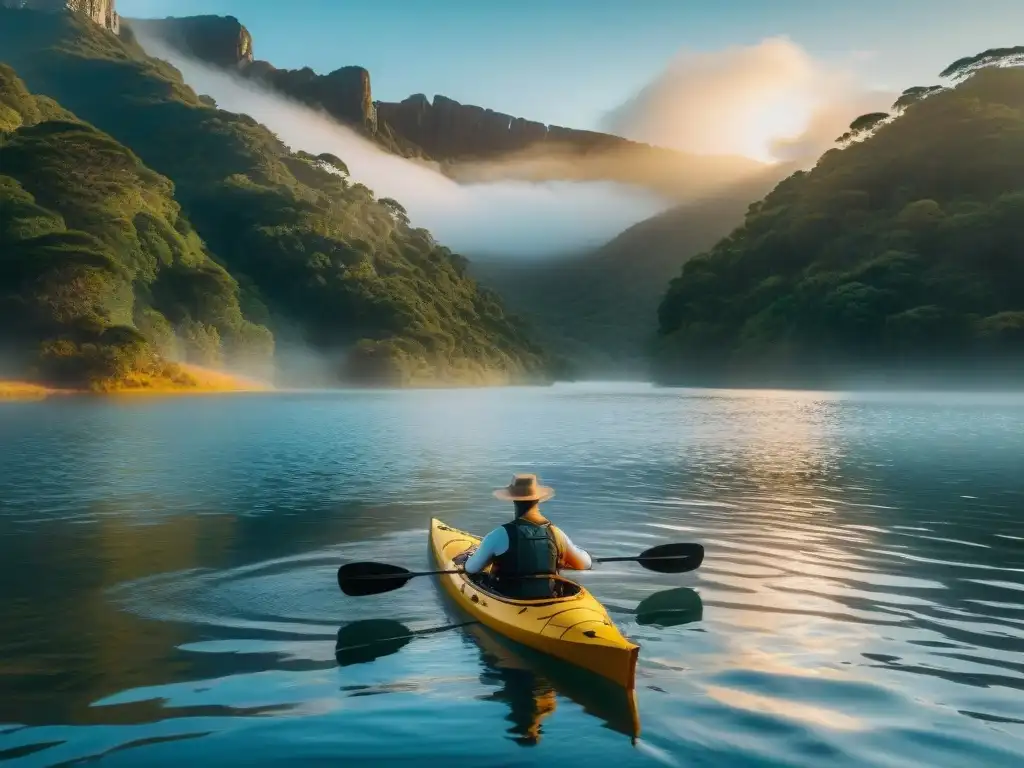 Un kayak navegando en un lago tranquilo al atardecer en Uruguay, rodeado de naturaleza exuberante