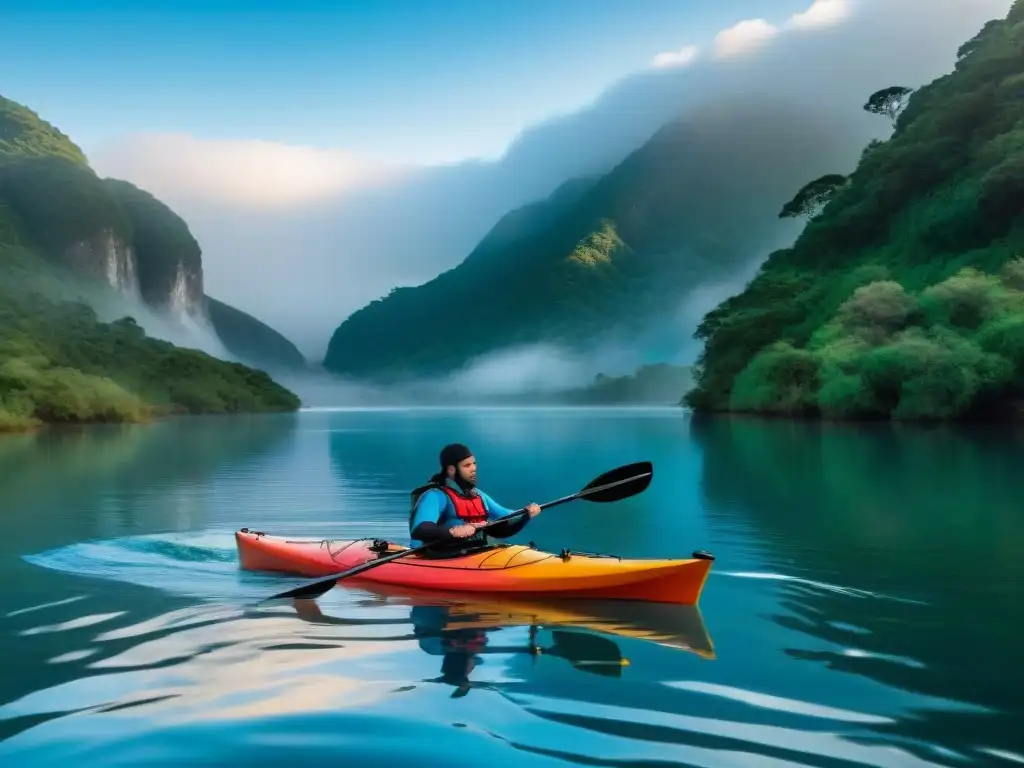 Un kayak de expedición surcando el Río Uruguay, rodeado de exuberante vegetación bajo un cielo azul