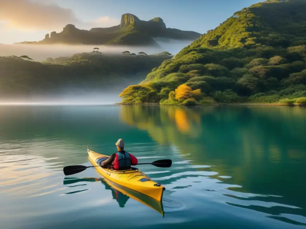 Un kayak surcando silenciosamente las tranquilas aguas de Laguna Garzón al amanecer, iluminado por la luz dorada en un entorno natural exuberante