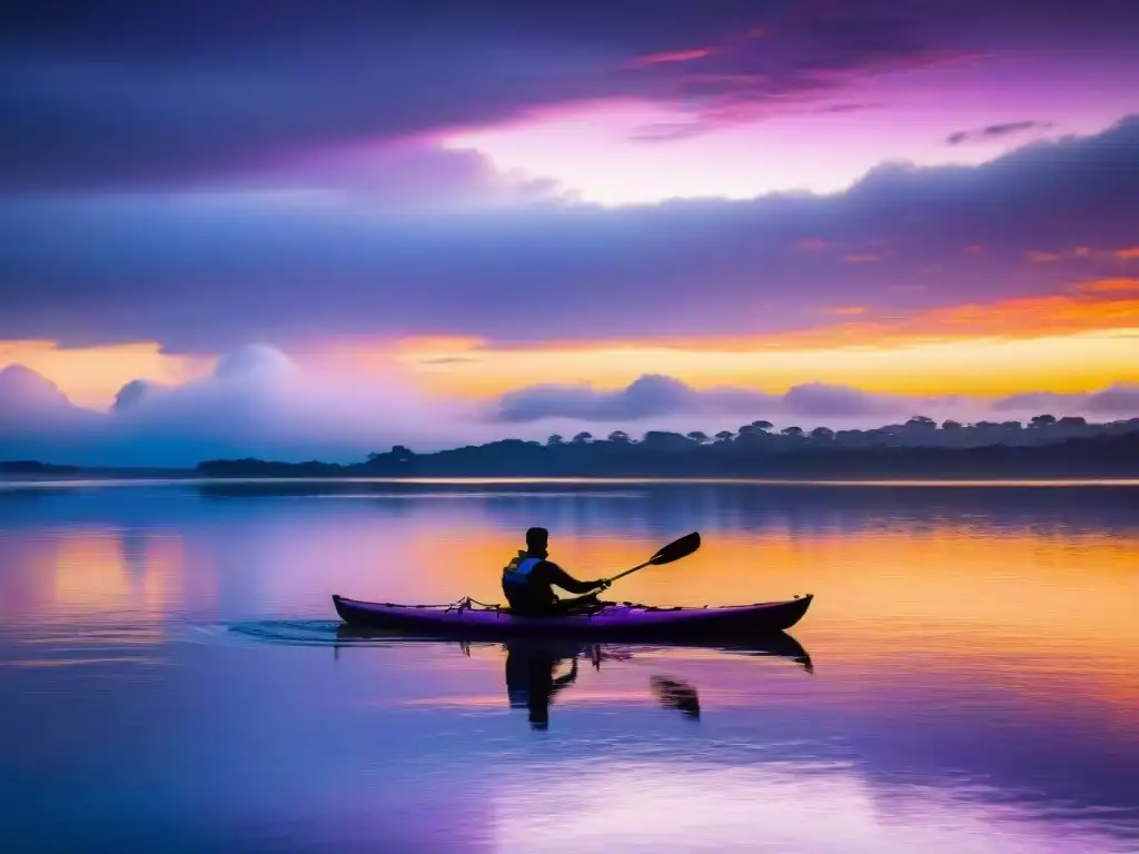 Un kayaker surca el atardecer en el Río de la Plata, reflejos dorados en el agua