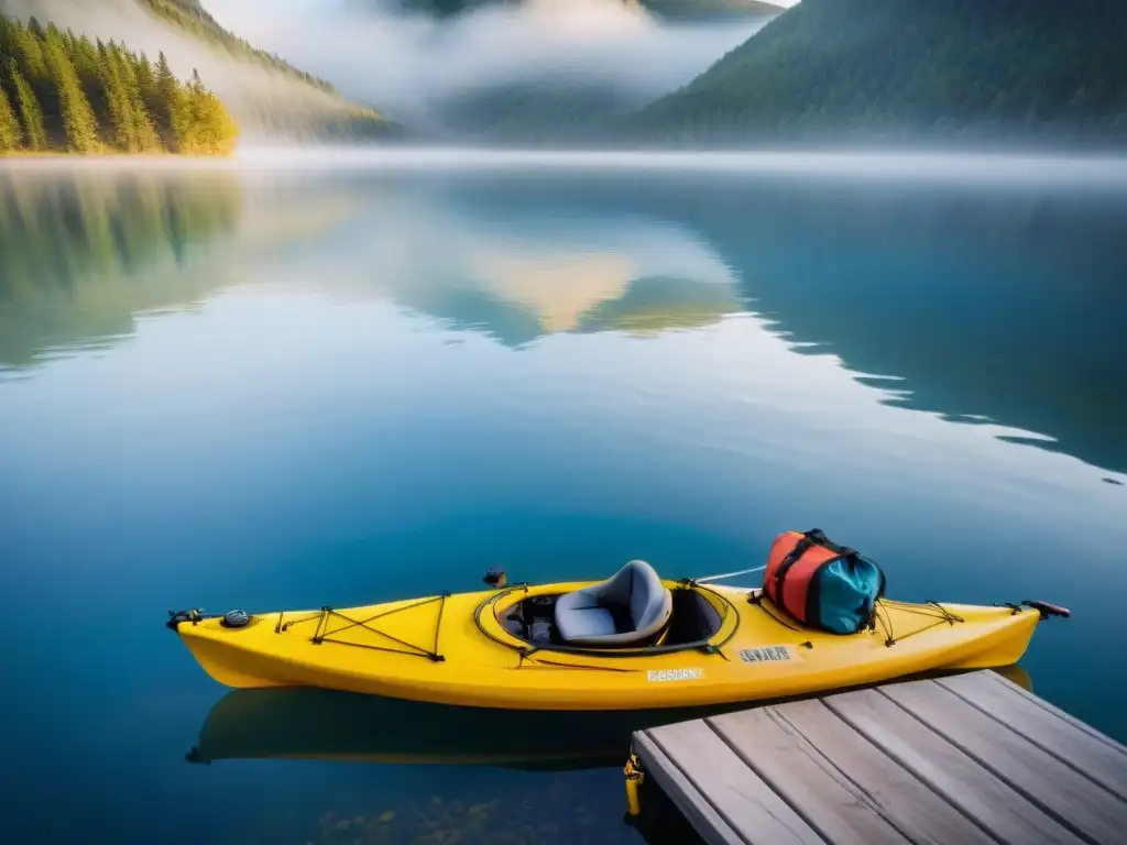 Preparación experta: manos de kayakista ajustando equipo de seguridad junto al lago sereno al amanecer Un kayaker experimentado preparando medidas de seguridad en kayak al amanecer en un muelle de madera junto a un lago sereno