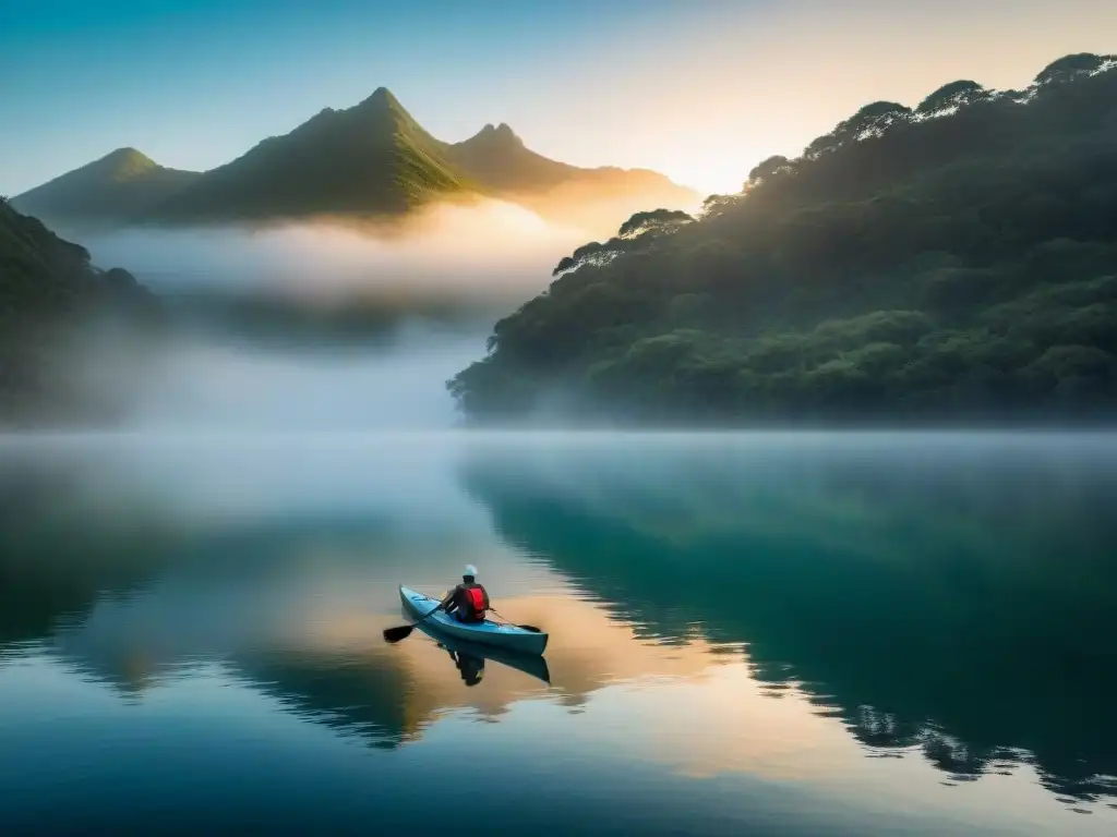Un kayaker solitario disfruta la serenidad de Laguna Negra al amanecer en Uruguay