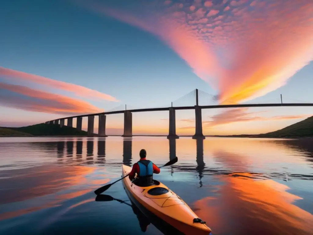 Un kayakista rema serenamente al atardecer en Laguna Garzón, Uruguay, reflejando el cielo anaranjado