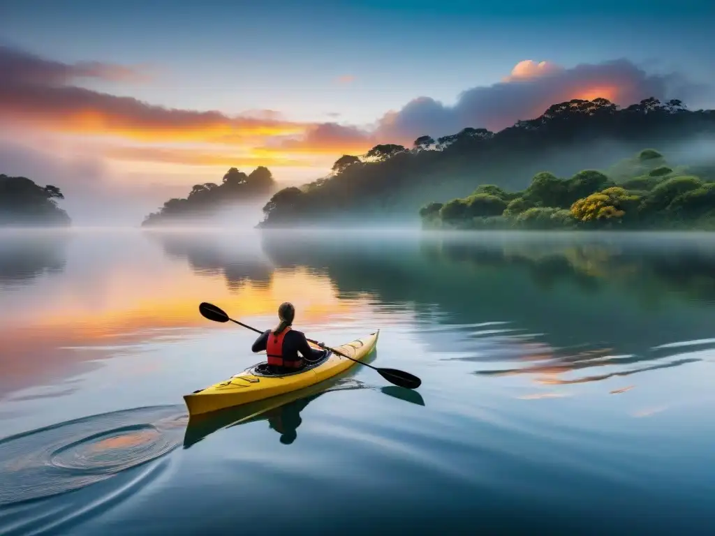 Un kayakista en un entorno natural en Uruguay, deslizándose elegantemente en aguas tranquilas al atardecer