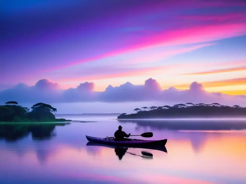 Kayakista disfrutando del amanecer en la Laguna de Valizas, rodeado de naturaleza exuberante