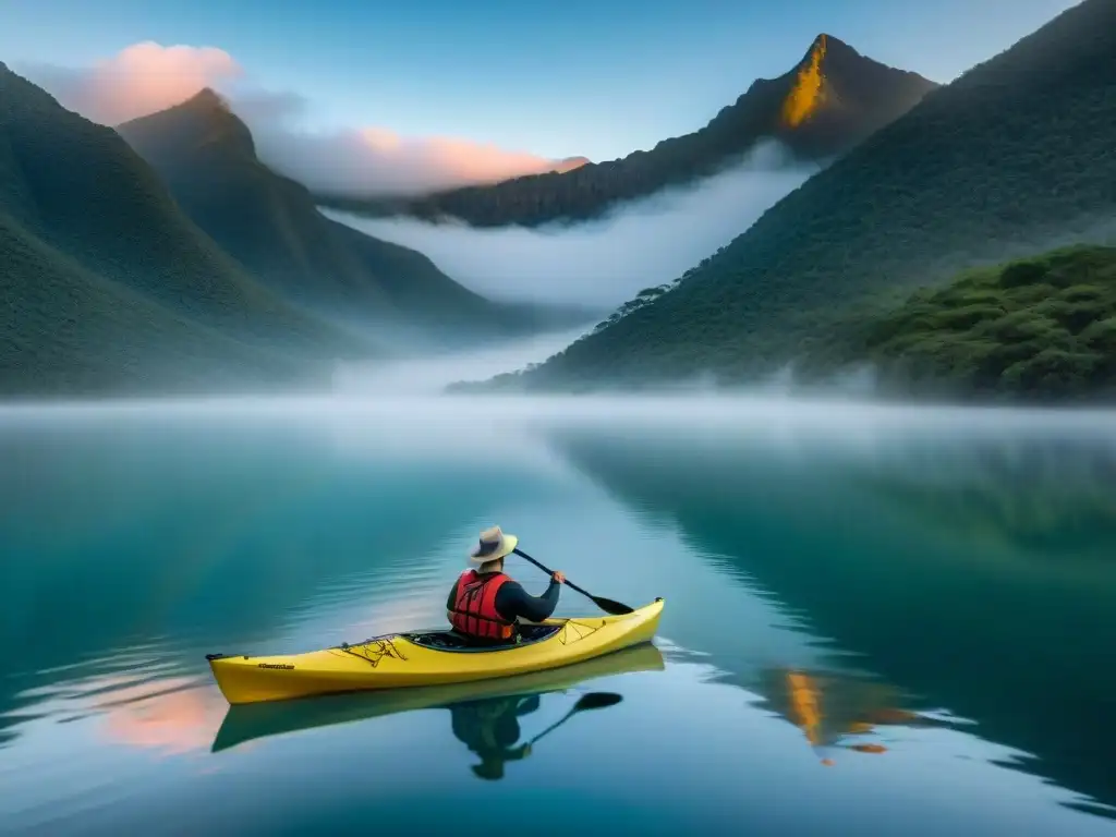 Un kayakista surca en paz Laguna Negra al amanecer, reflejando el cielo pastel en aguas serenas, rodeado de vegetación y montañas distantes