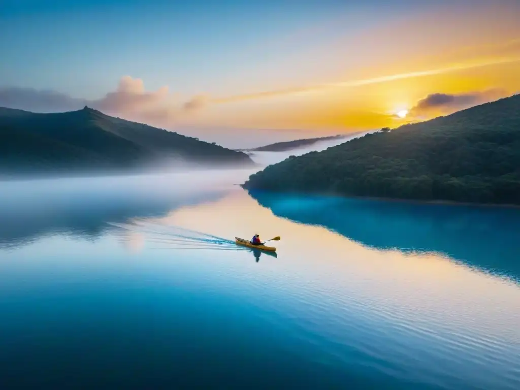 Un kayakista solitario disfruta de las mejores rutas de kayak en Uruguay, mientras navega en Laguna Garzón al atardecer con mareas tranquilas