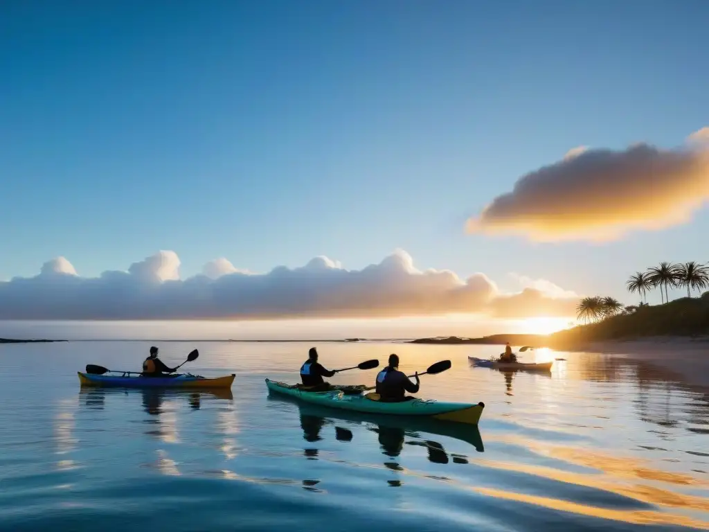 Kayakistas remando en la costa de Uruguay al atardecer, reflejados en aguas calmas