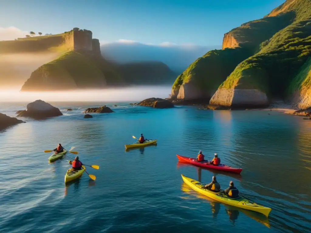 Kayakistas disfrutan de la costa uruguaya al atardecer