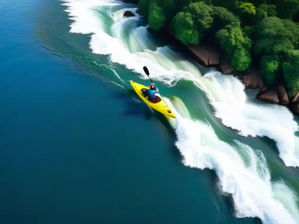 Kayakistas explorando los rápidos del Río Negro en Uruguay, rodeados de vegetación exuberante y bajo un cielo azul