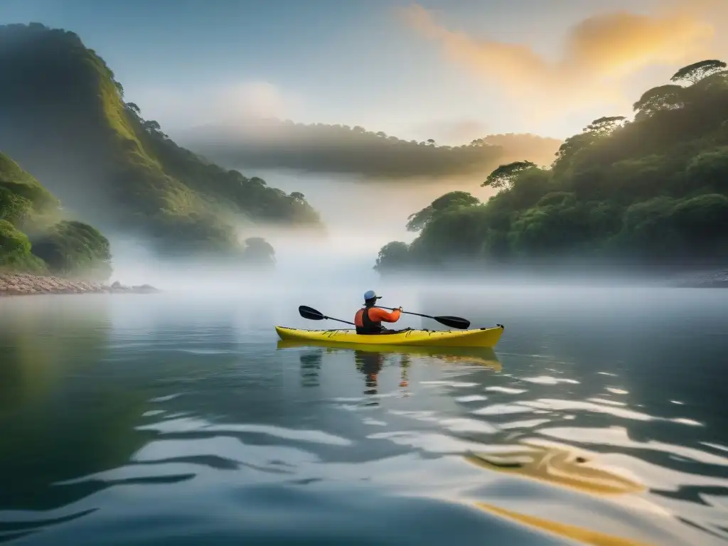 Kayaks para expedición en Uruguay: Grupo de kayakistas deslizándose al amanecer por el Río Uruguay, rodeados de naturaleza serena