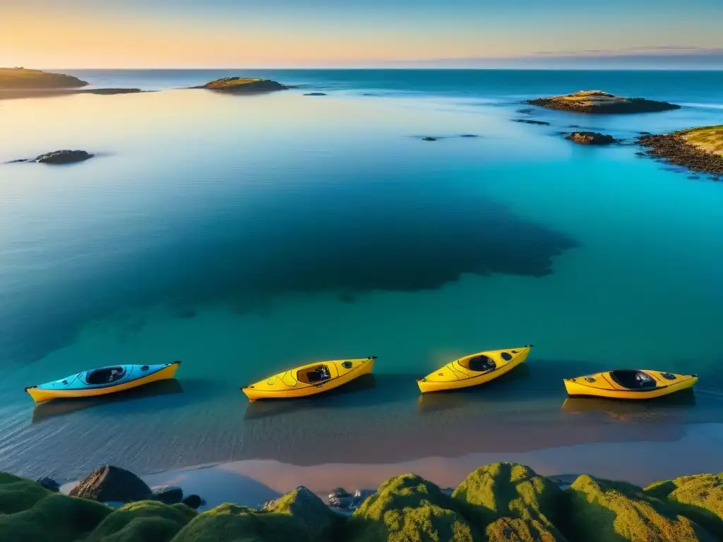 Kayaks alineados en playa de Uruguay al atardecer, invitando a explorar