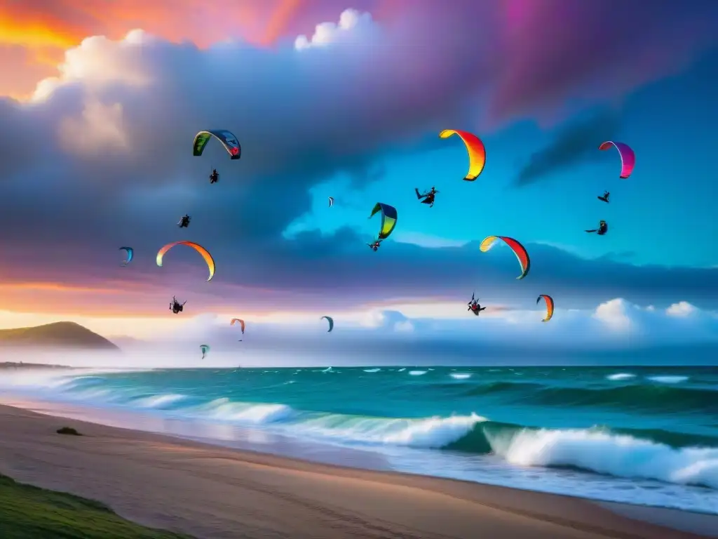 Kitesurfistas surcando aguas cristalinas al atardecer en Laguna Garzón, uno de los mejores spots de kitesurf en Uruguay