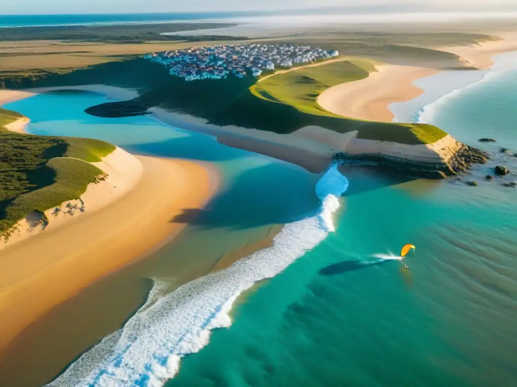 Kitesurfistas surcan aguas turquesas al atardecer en Punta del Diablo, uno de los mejores spots de kitesurf en Uruguay