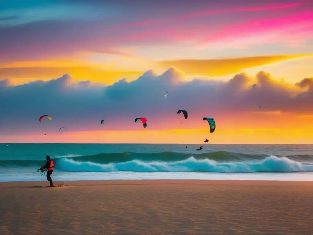 Kitesurfistas desafiando olas al atardecer en Uruguay, evocando la historia y evolución actual de este deporte