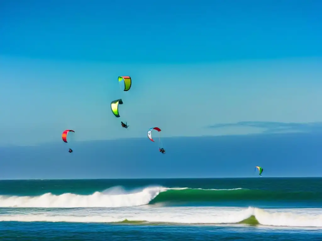 Kitesurfistas surfeando olas con cometas coloridas en Punta del Diablo, Uruguay, mostrando la evolución y actualidad del kitesurf en Uruguay