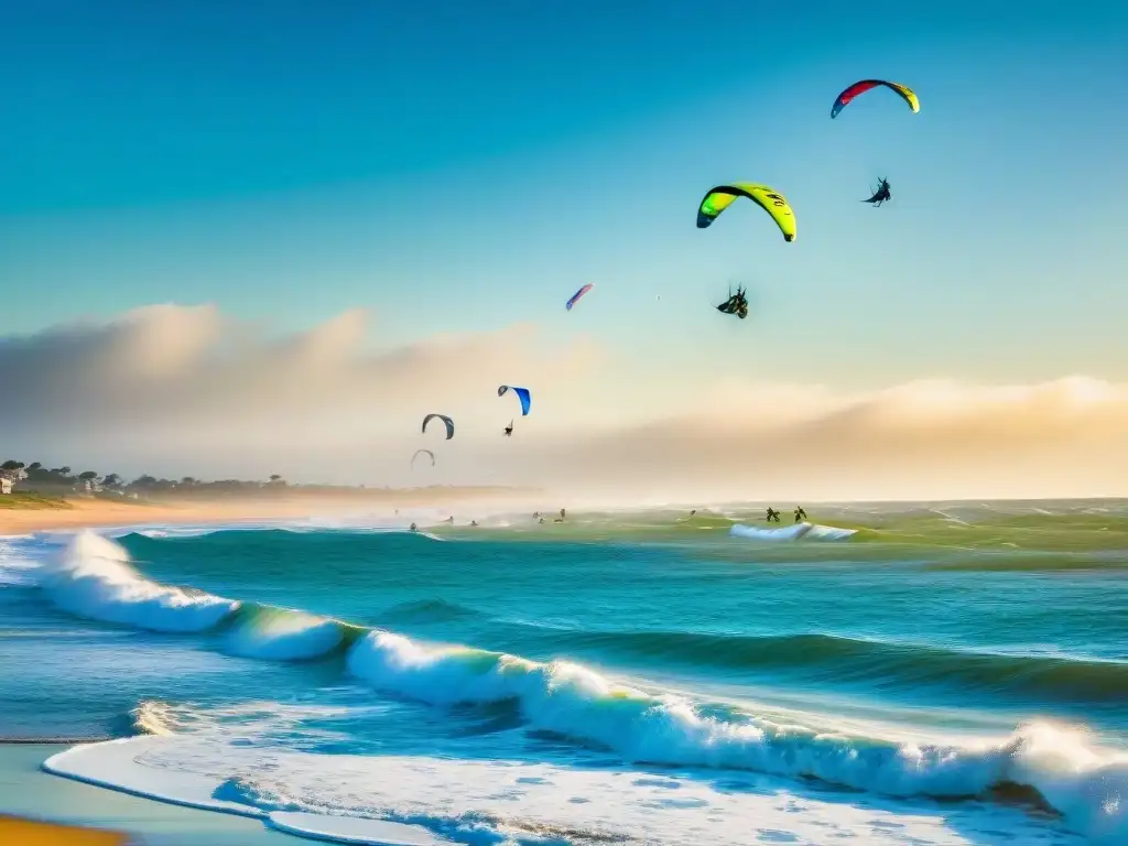 Kitesurfistas en acción en la playa de Punta del Diablo, Uruguay