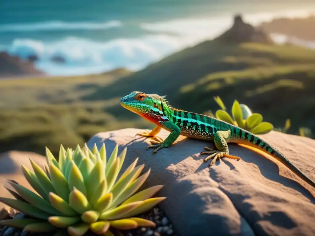 Un Lagarto Overo majestuoso se funde con el paisaje uruguayo, mostrando sus escamas bajo el sol