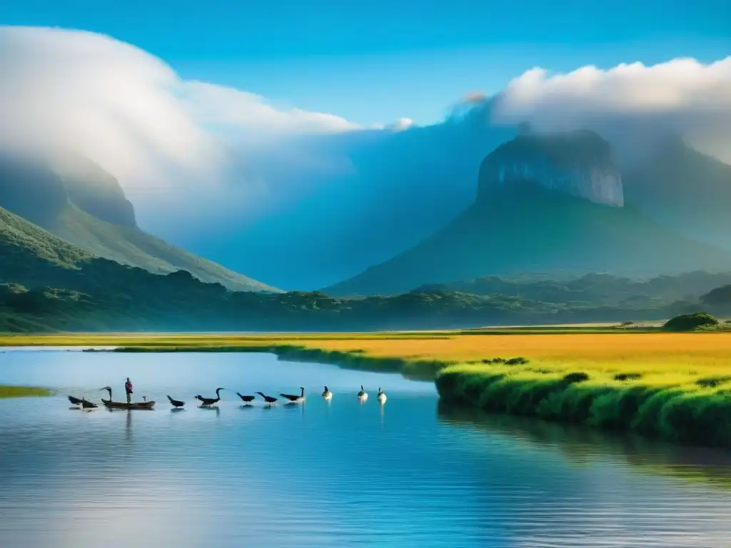 Un lago sereno en Uruguay, aves coloridas vuelan, capibaras pastan