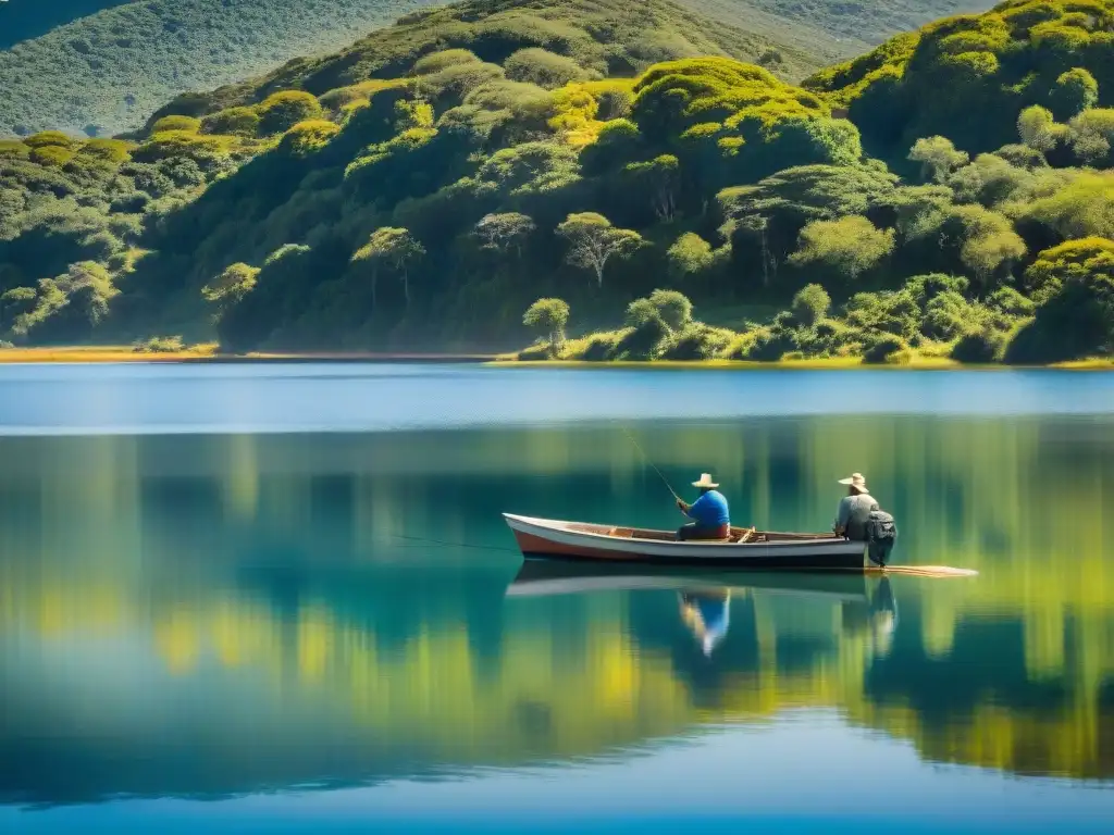 Un lago sereno en Uruguay con un pescador solitario y un bote en un día perfecto para vacaciones de pesca deportiva en Uruguay