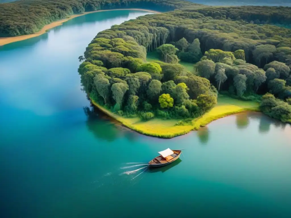 Un lago sereno rodeado de bosques verdes en Uruguay, donde conviven la pesca y el camping en perfecta armonía