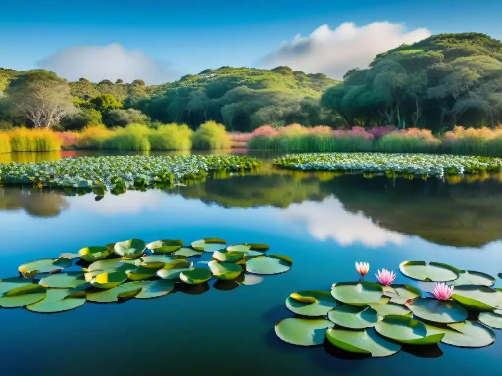 Una laguna de agua dulce en Uruguay con exuberante vegetación y aves, reflejando la biodiversidad del ecosistema de agua dulce Uruguay