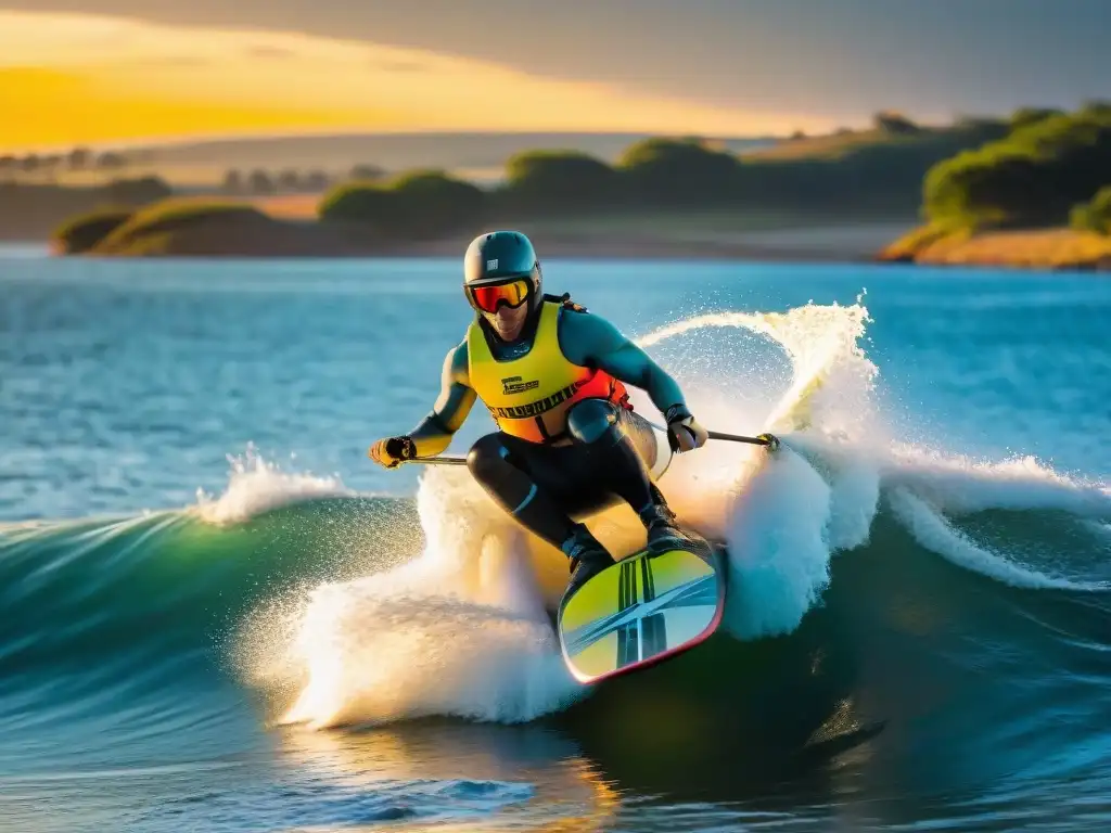 Wakeboarder surca Laguna Garzón al atardecer, realzando la belleza de uno de los mejores spots de wakeboard en Uruguay