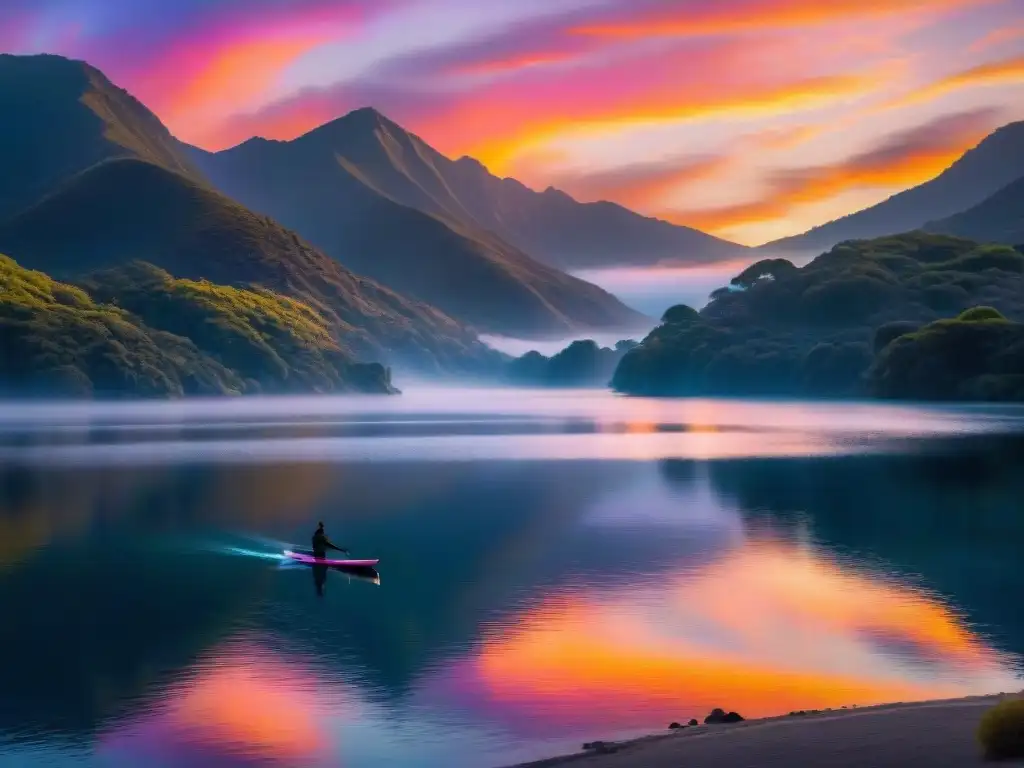 Remar en Laguna Garzón consejos: Atardecer impresionante con remador solitario en lago sereno y colorido